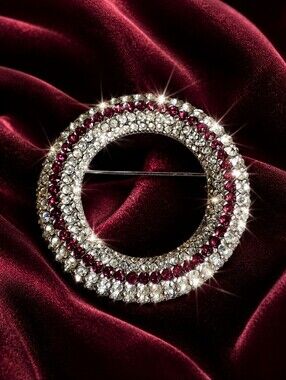 CINER Signed Round Circle Ruby Pin Red Clear Silver Tone Vintage Brooch